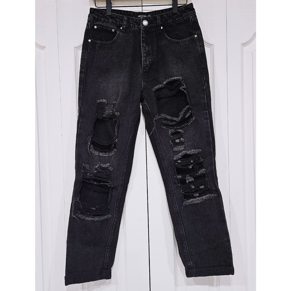 NASTY GAL Black Distressed Destroyed Straight Leg Jeans Size 6